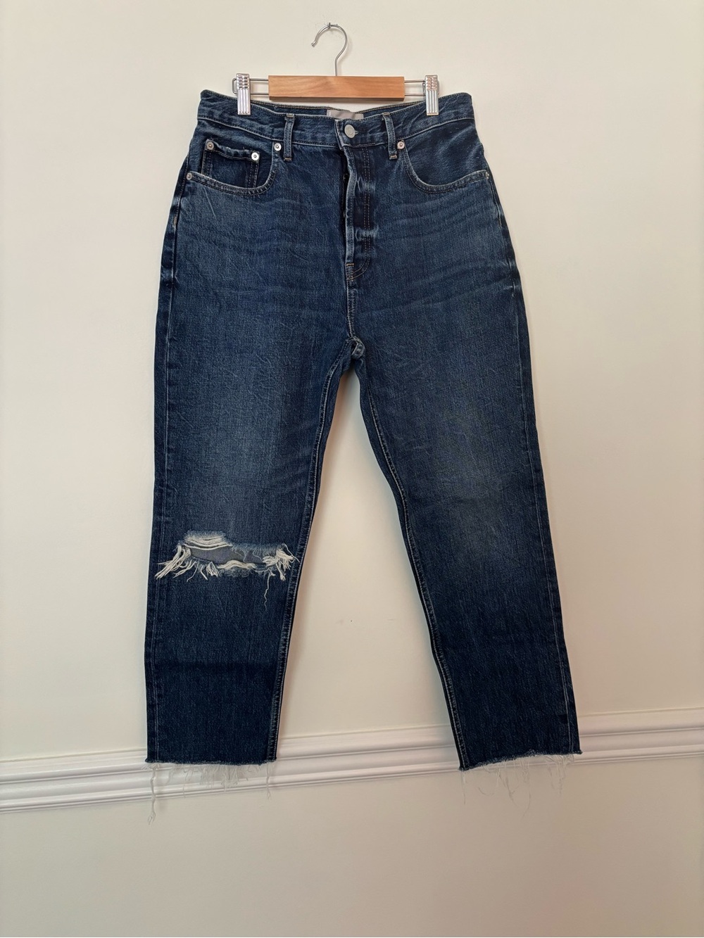 Everlane Dark Blue Slim Straight Distressed Jeans